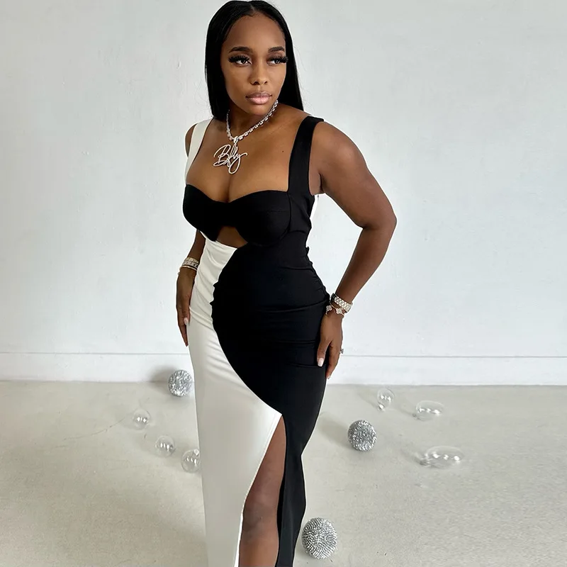 Women\'s Black & White Color Spliced Halter Hollow-Out Chest Wrapped Sleeveless Dress, Split, Backless, Sexy