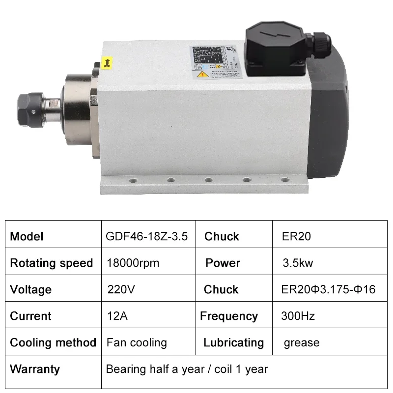 HQD 3.5KW Air-Cooled Spindle Motor ER20 Chuck 4 Bearing 220v 380v Square Spindle Belt Mounting Flange For CNC Router Carving