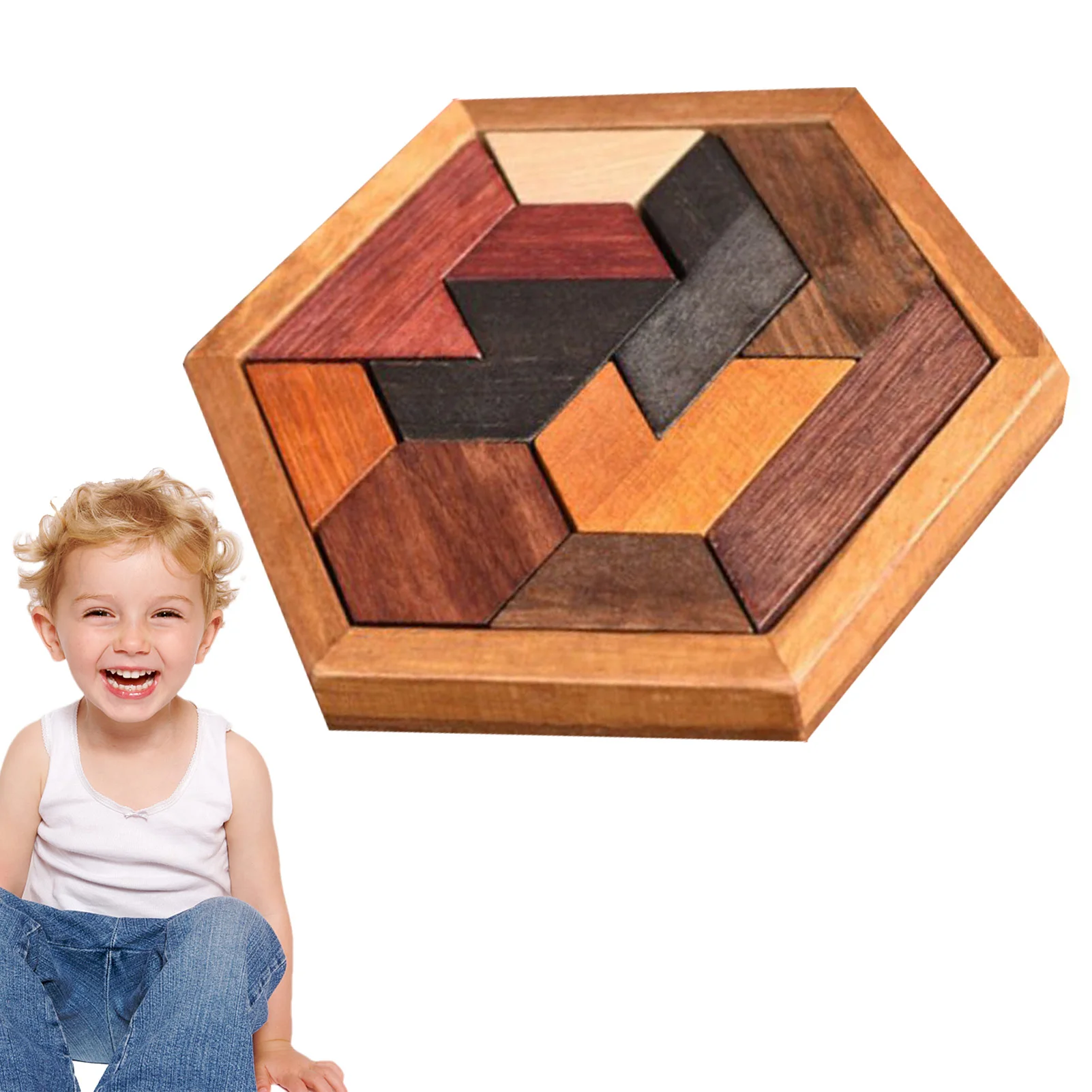 Hexagon Tangram Puzzles Wooden Brain Teaser IQ Game Educational Toys For Childrens Adults Montessori Toys Birthday Gifts