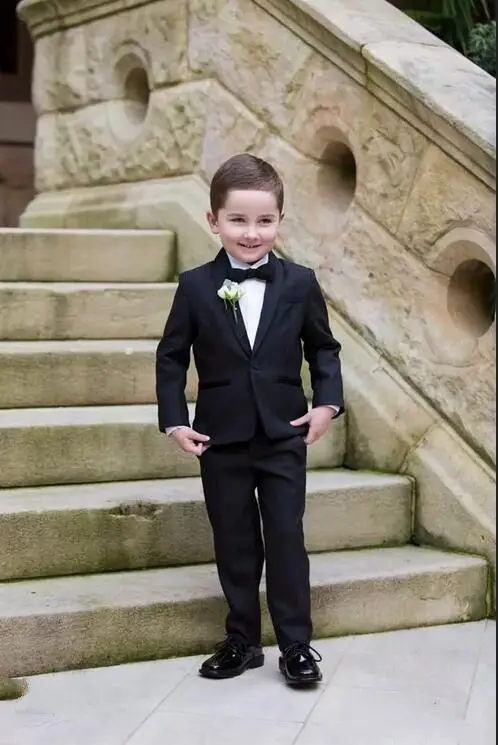 Classly um botão preto menino smoking xale lapela casamento menino ternos (jaqueta + colete + calça + gravata)