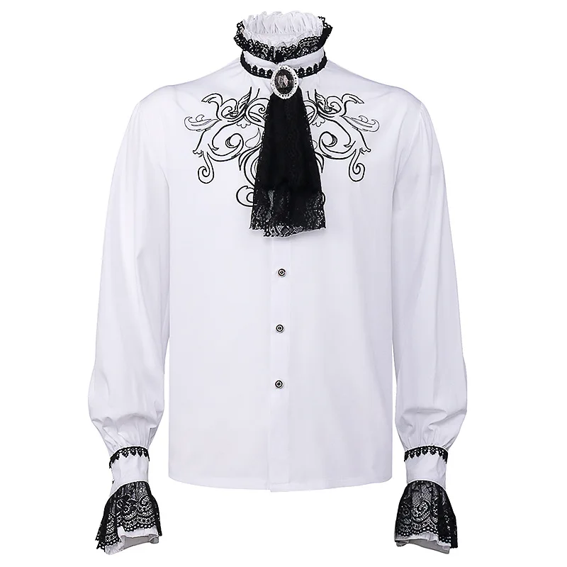 White Lace Ruffles Stand Collar Long Sleeves Renaissance Medieval Male Cosplay Anime Vintage Shirt Victorian Steampunk Top Man