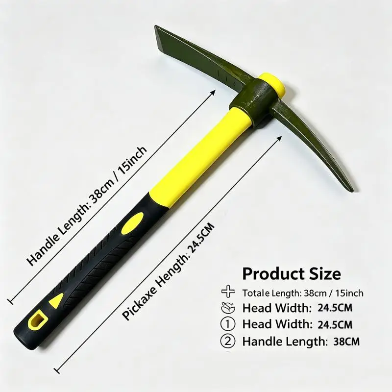 1-Piece 15 Inch Mattock Hoe Yellow Corrosion Resistant Fiberglass Handle Garden Tool for Digging Weeding Loosening Soil Farm Use