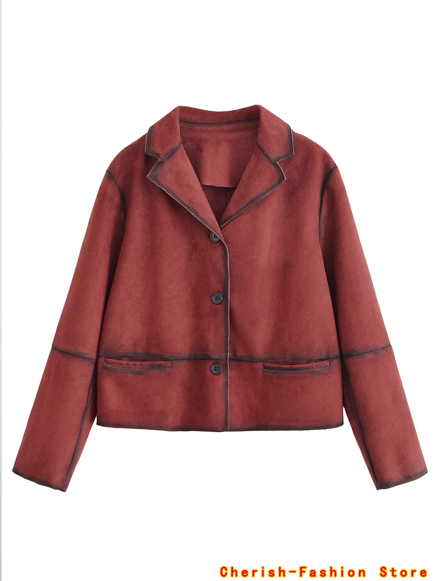

New European and American style women's clothing, fashionable and versatile short solid color lapel suede leather jacket brand