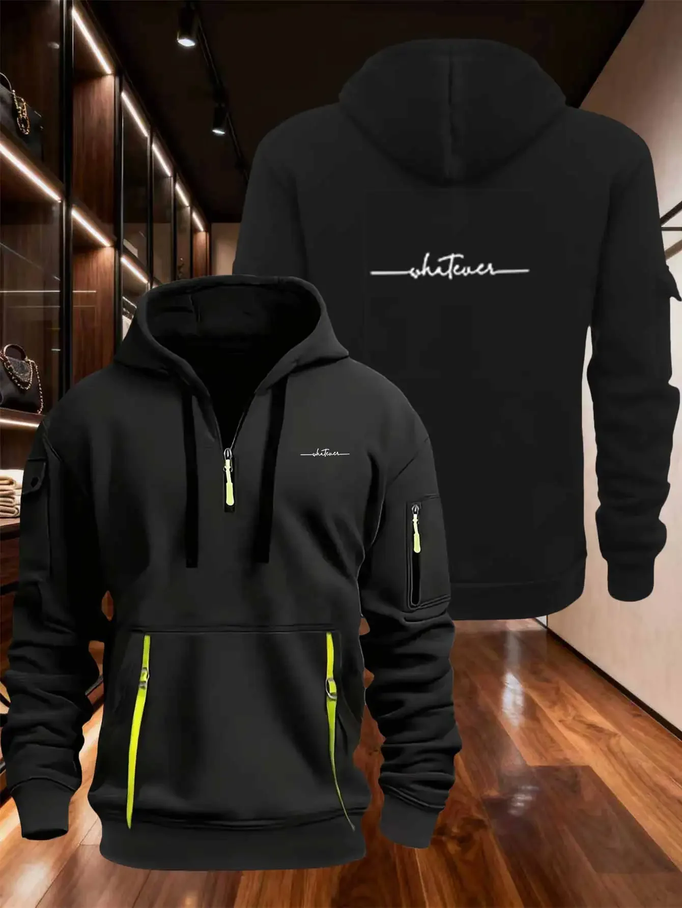 Multi pocket zipper long sleeved men's and women's spring and autumn hoodies, artistic signature style English printed casual