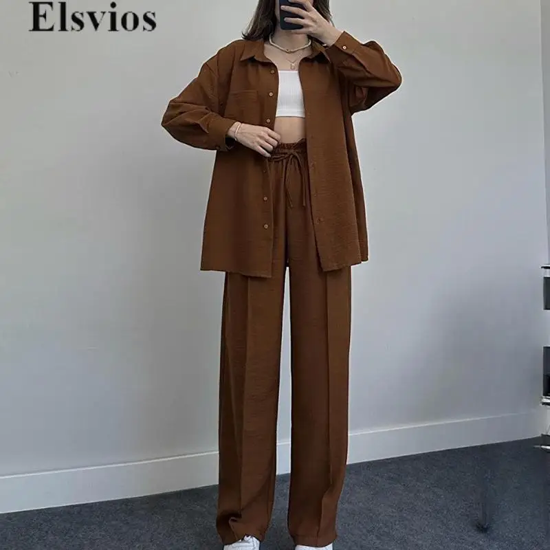 

2024 Loose Solid Two Piece Set New Autumn Lapel Button Shirt Tops&Drawstring Pants Suit Casual Women Long Sleeve Spring Outfit