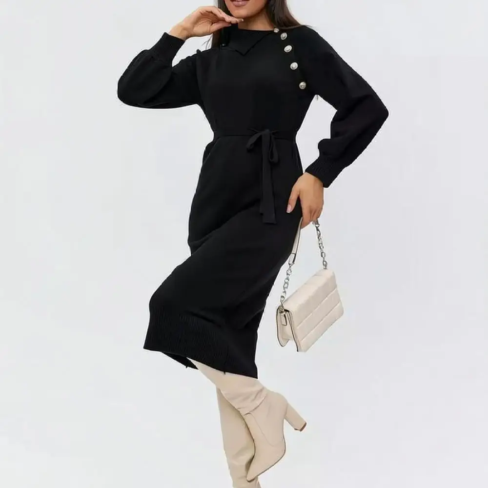 Casual Autumn Winter Knitted Dress Women Lapel Side Button Design Slim Fit Long Sleeve Sweater Dresses British Fashion