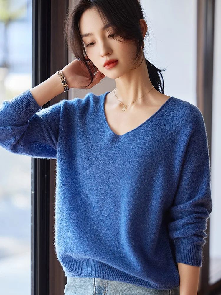 Maglione da donna con scollo a V Pullover 2025 100% lana merino lavorata a maglia a maniche lunghe Top Primavera Autunno Nuovo sciolto morbido tinta unita Nozioni di base