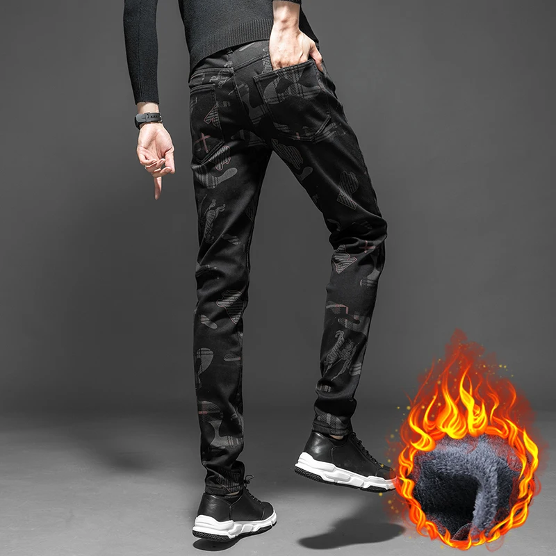 Autumn and winter padded thickened personality printing men's jeans street fashion Slim thin elastic casual black pants