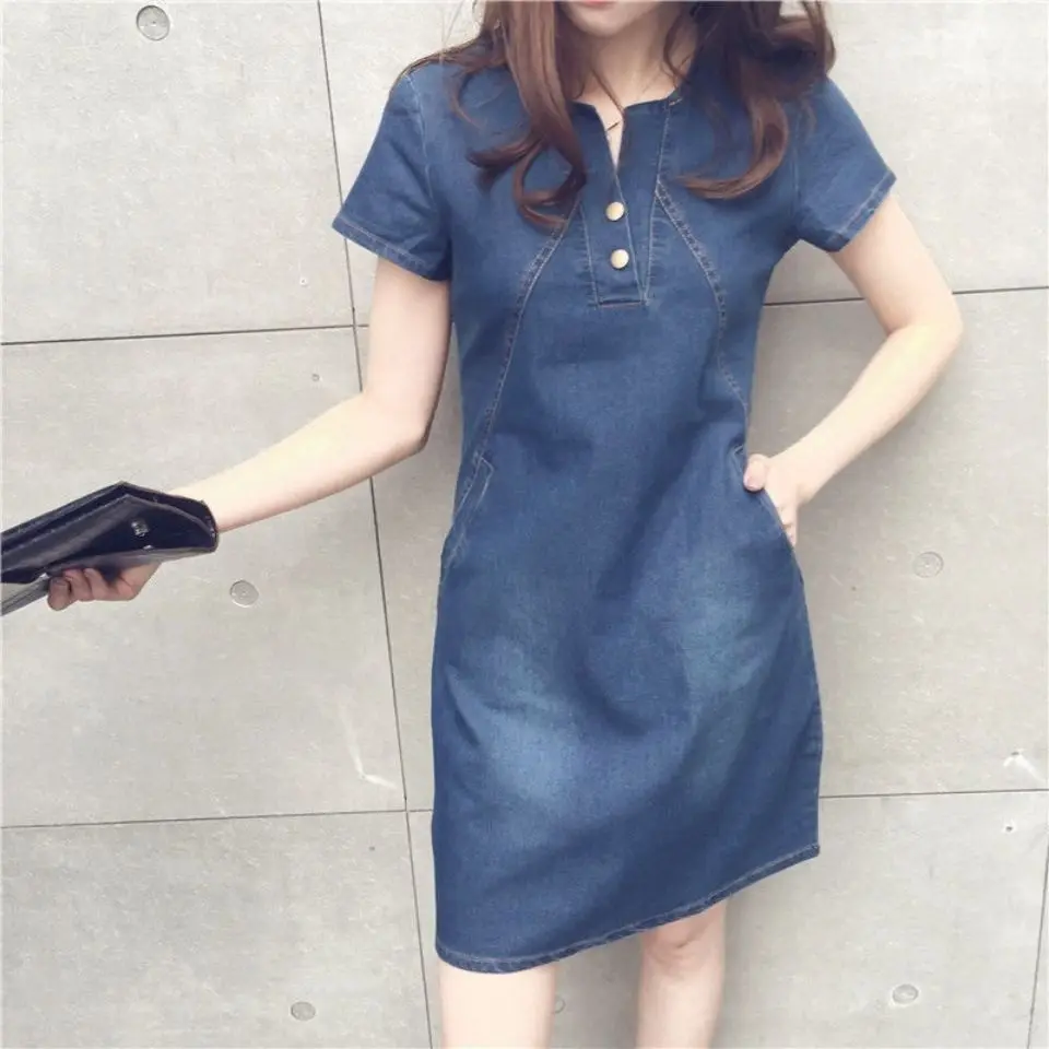 

Women's Jeans Dress 2025 Summer New Fashion V-neck Knee Length Denim Dresses Casual Short Sleeve Loose Button Party Vestidos
