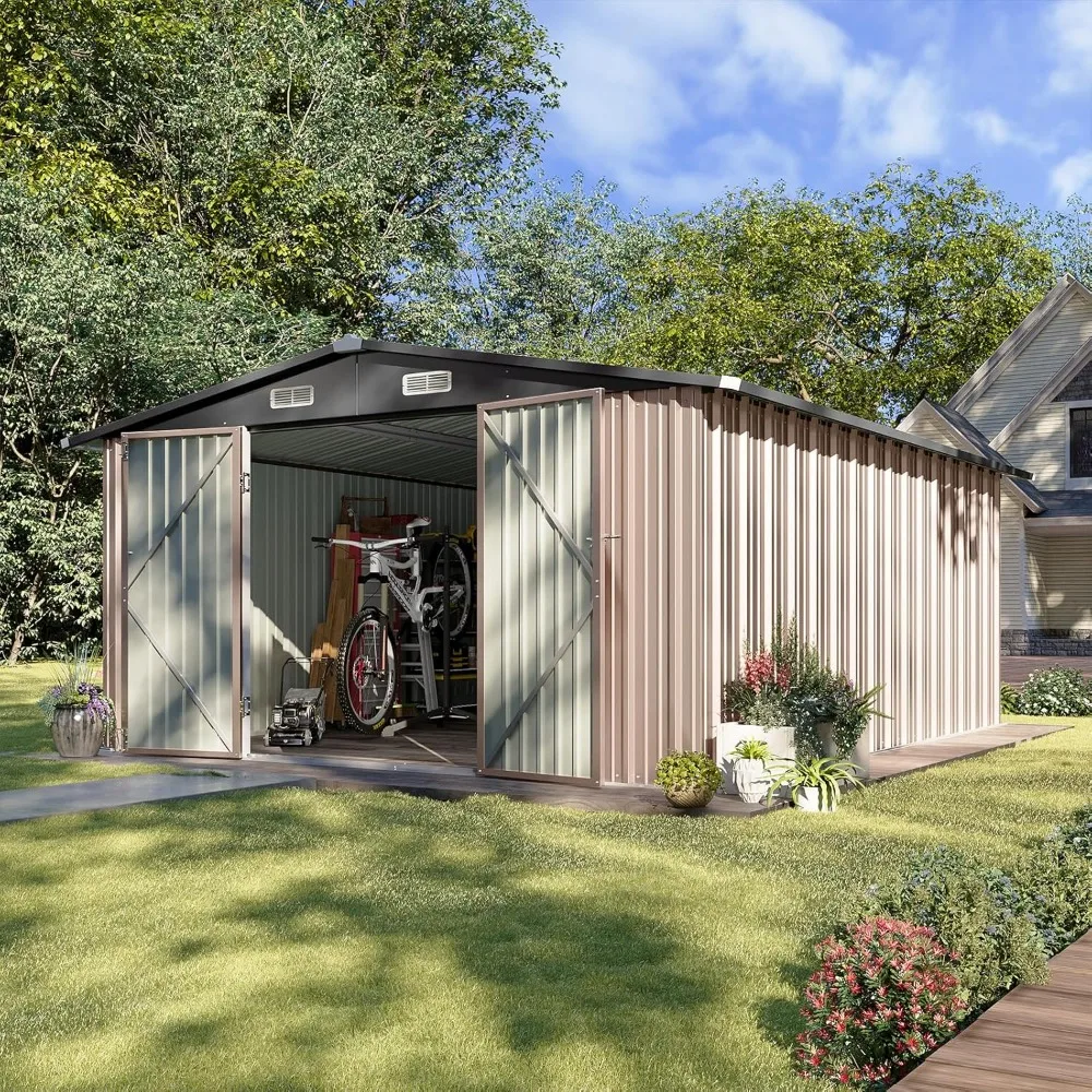 سقيفة تخزين خارجية مقاس 10 × 12 قدم مع سقيفة حديقة كبيرة بمفصلات مزدوجة مع باب قابل للقفل، بني