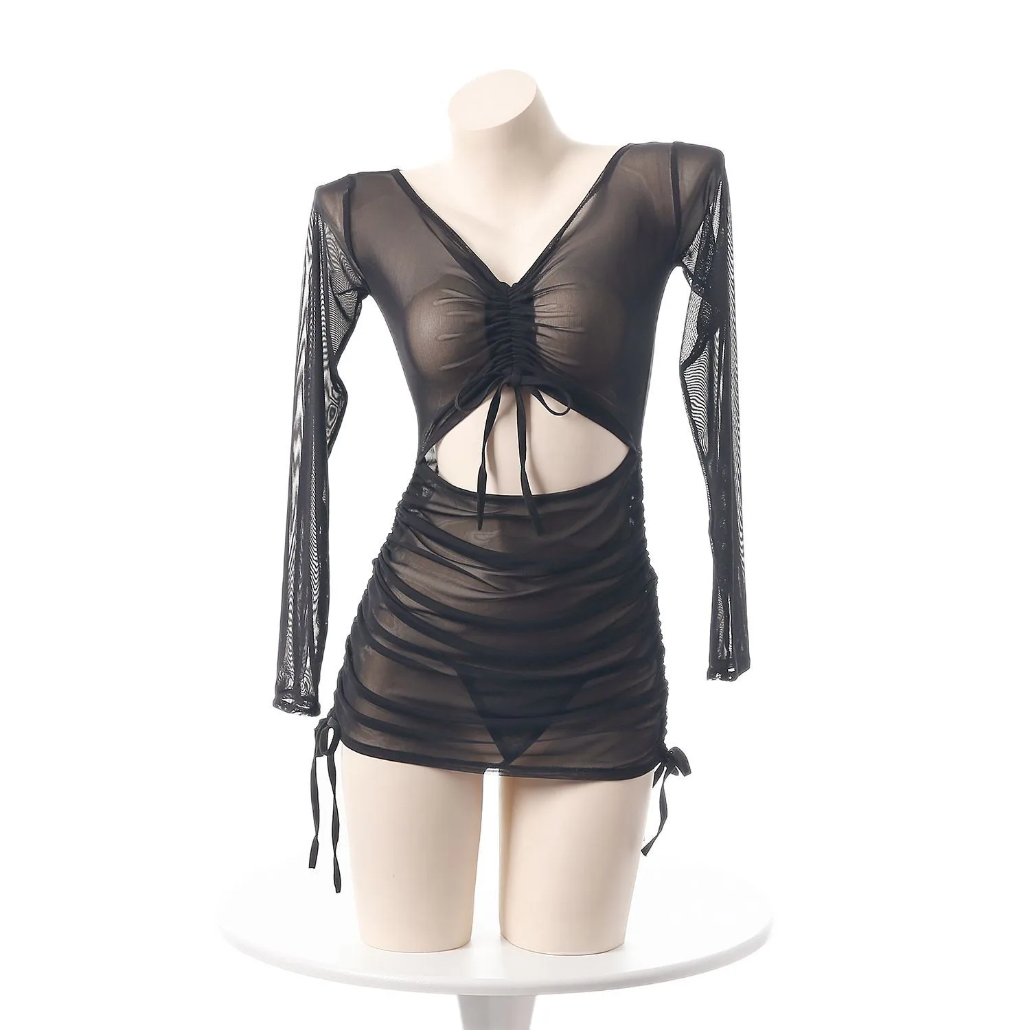 Costume da bagno sexy in rete nera trasparente con arricciatura, mini abito avvolto sui fianchi, manica lunga, costume da spettacolo per club party