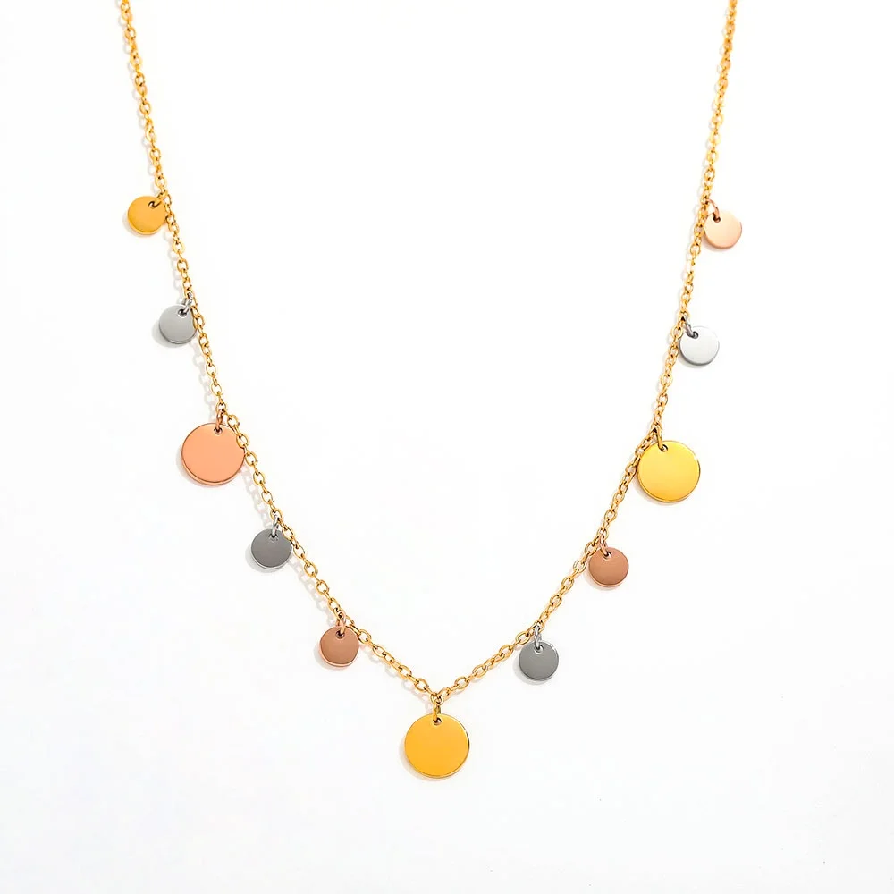 

Joolim Jewelry Wholesale No Fade Fashion Elegant Simple Three Color Round Wafer Pendant Stainless Steel Necklace for Women