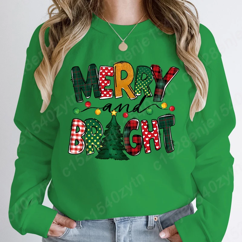 Women's Graphic Sweatshirts, Merry and Bright Christmas Theme Casual Crew Neck Sweatshirt, Long Sleeve Holiday Pullovers Tops