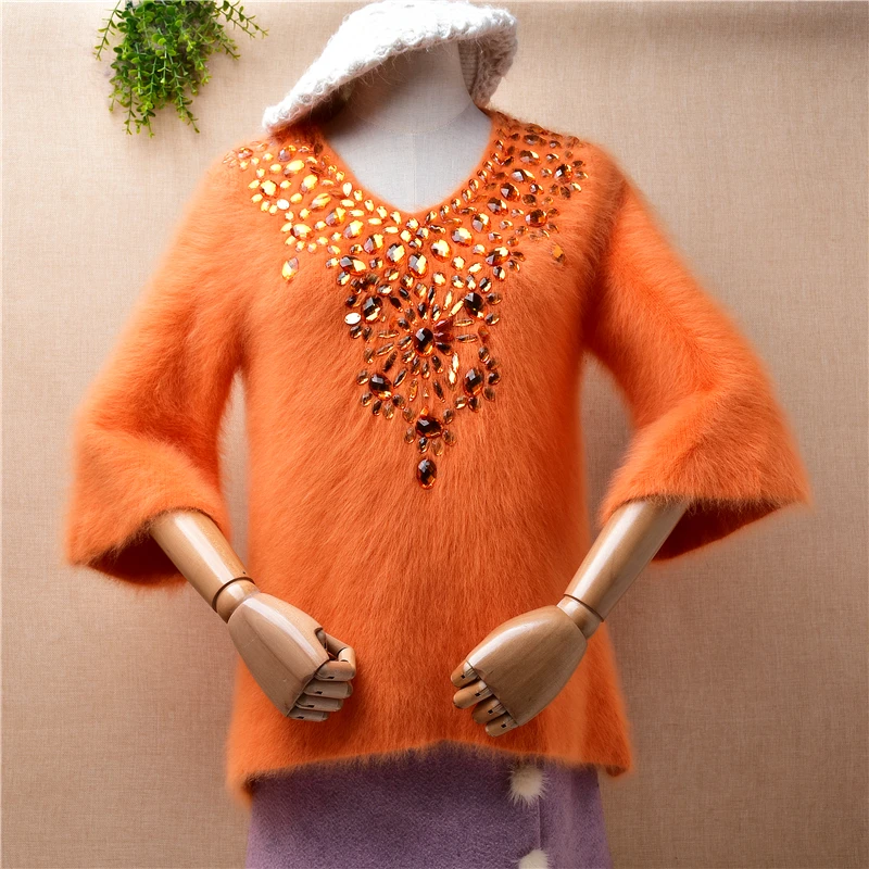 Female Women Fall Winter Thick Warm Orange Hairy Beaded V-Neck Half Sleeves Slim Blouses Angora Fur Pullover Jumper Sweater Pull