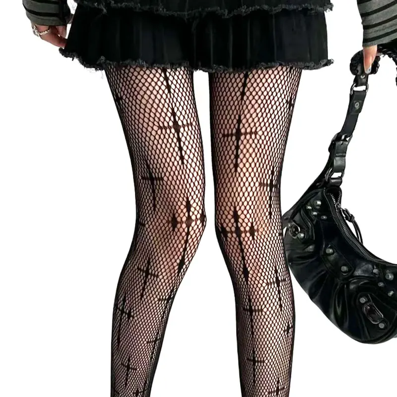 Damen Sexy Retro Gothic Kawaii Kreuz-Print Club Strümpfe Lolita Cosplay JKNylon Socken Netzstrumpfhose