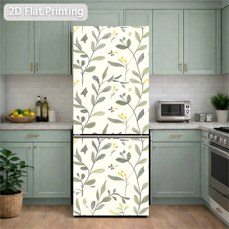 Refrigerator Sticker Light Green Branch and Leaf Floral Pattern Themed Design, Self-Adhesive Wall Decal Wallpaper, Suitable f
