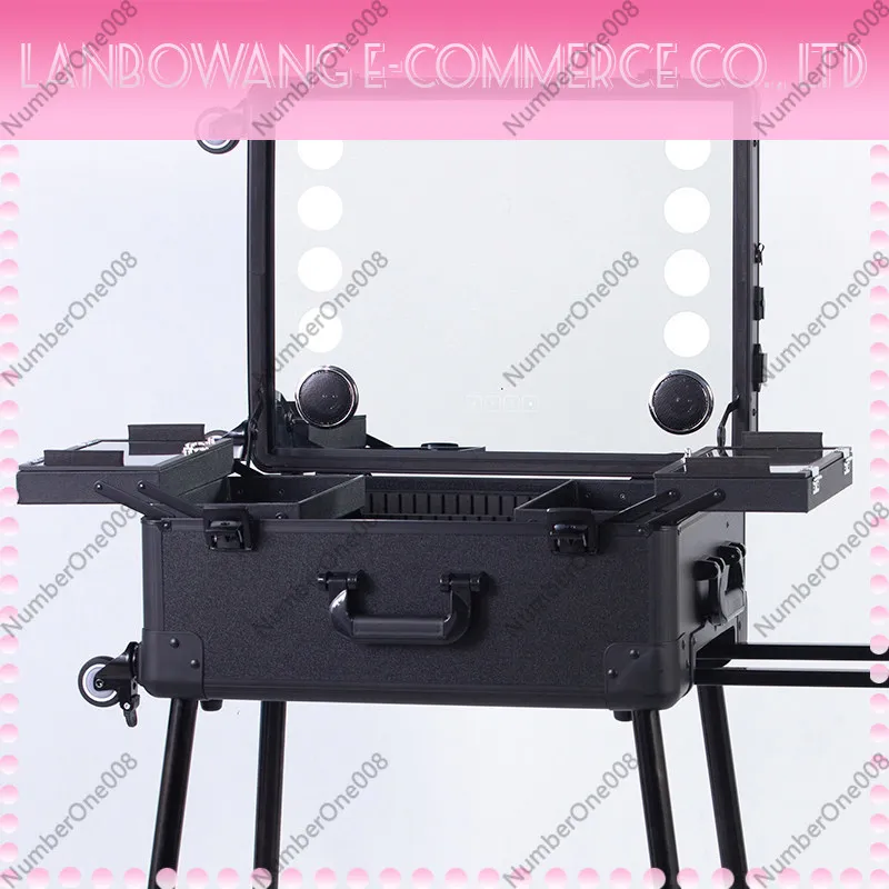 Professional Makeup Case with Trolley, Hidden Stand & LED Lights Bluetooth Speaker Rolling Cosmetic Train Case for Makeup Artist