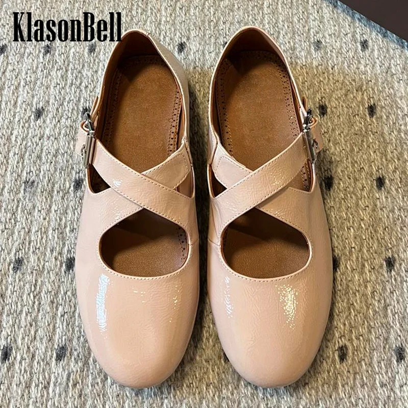 

3.27 KlasonBell Runway Ballet Flats Shoes Criss-Cross Buckle Women Shoes Comfortable All-match Flat Genuine Leather Pumps