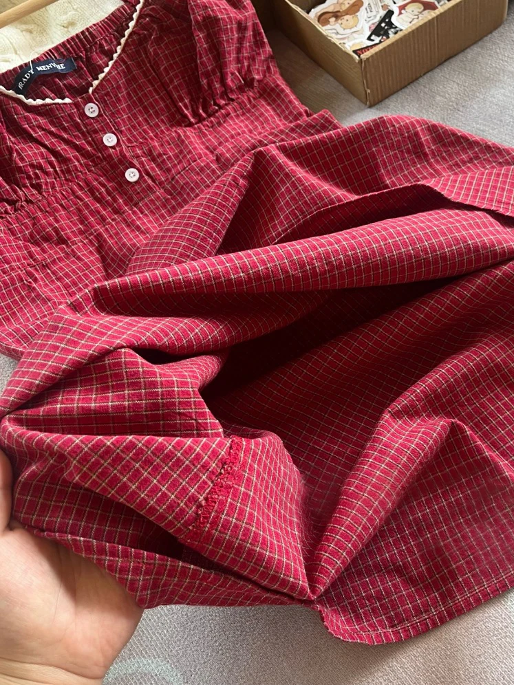 Red Plaid Three Buttons Mini Camis Dress Woman Lace Trim Elastic Waist A-line Short Vestido Summer Cotton Sweet Cute Dresses Y2k