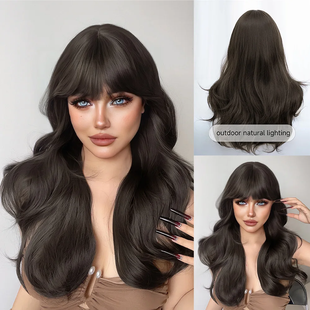 

24Inch Tea Black Color Synthetic Wigs with Bangs Long Natural Wavy Hair Wig For Women Daily Use Cosplay Party Heat Resistant