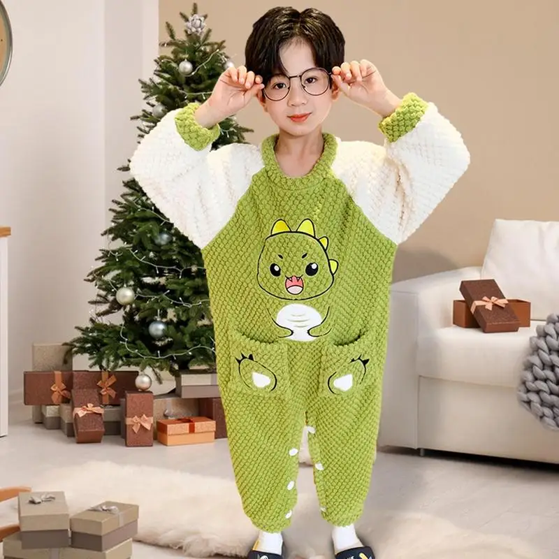 Onesie Pajamas For Kids Warm Costume With Dinosaur Pattern And 2 Small Pockets Velvet Pajamas Home Clothes For Autumn And Winter