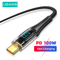 USAMS USB C to USB Type C Cable 100W/66W LED Display Phone Charge Cable 6A PD Fast Charging Core for Macbook Xiaomi Samsung