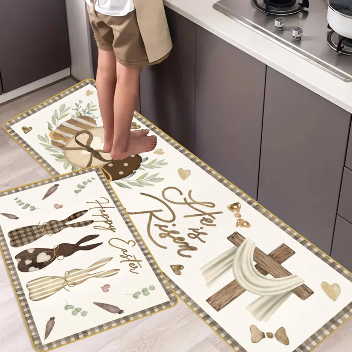 2 Pc Kitchen Mats Entrance Door Mat Easter Rabbit Crystal Velvet Bedside Blanket Bay Window Blanket Living Room Carpet Doormat