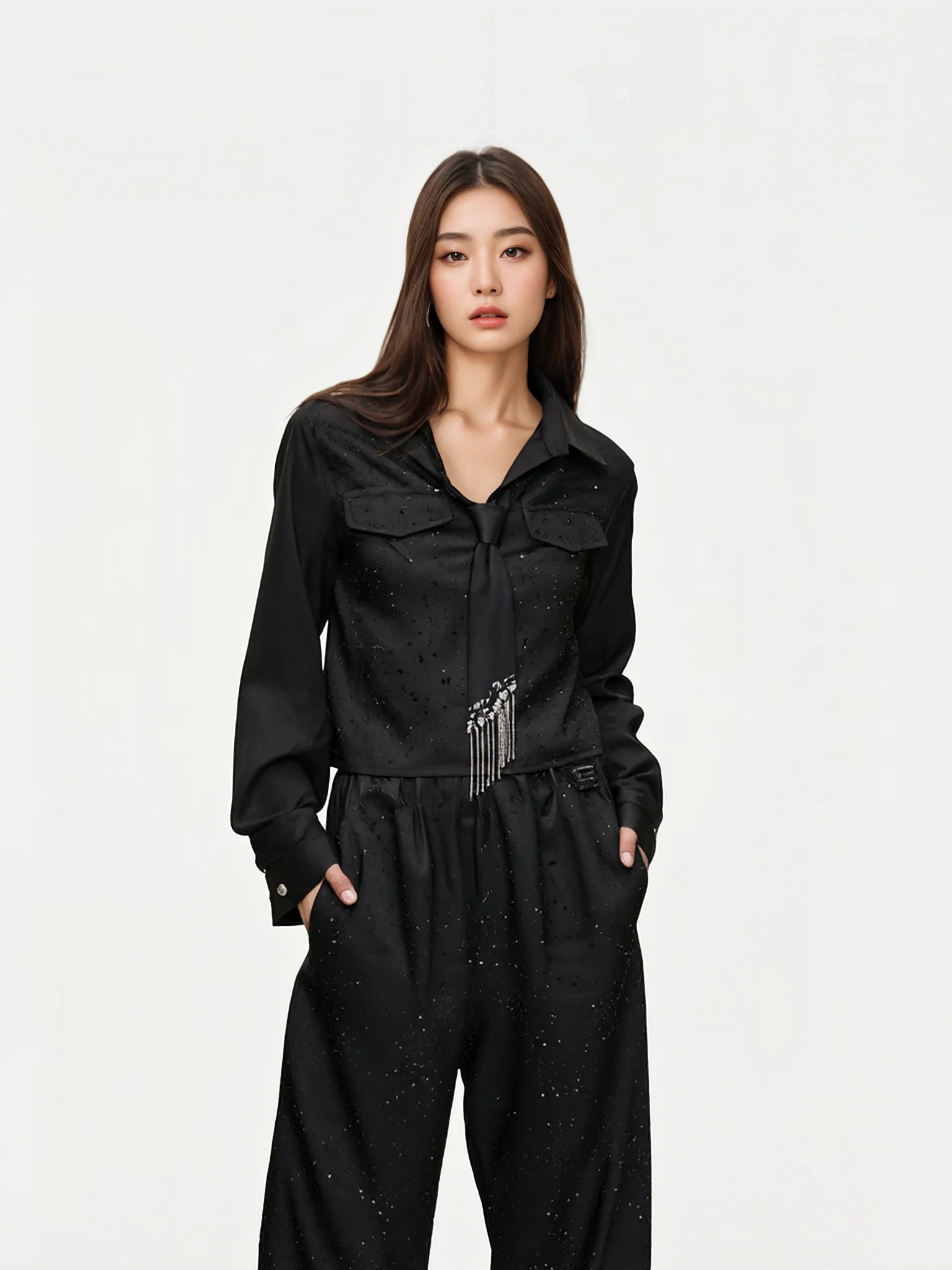 

Casual Loose Diamond Studded Bla Straight Leg Pants Set Women's Faion Comfortable Breathable Cotton Polyester Blend irt