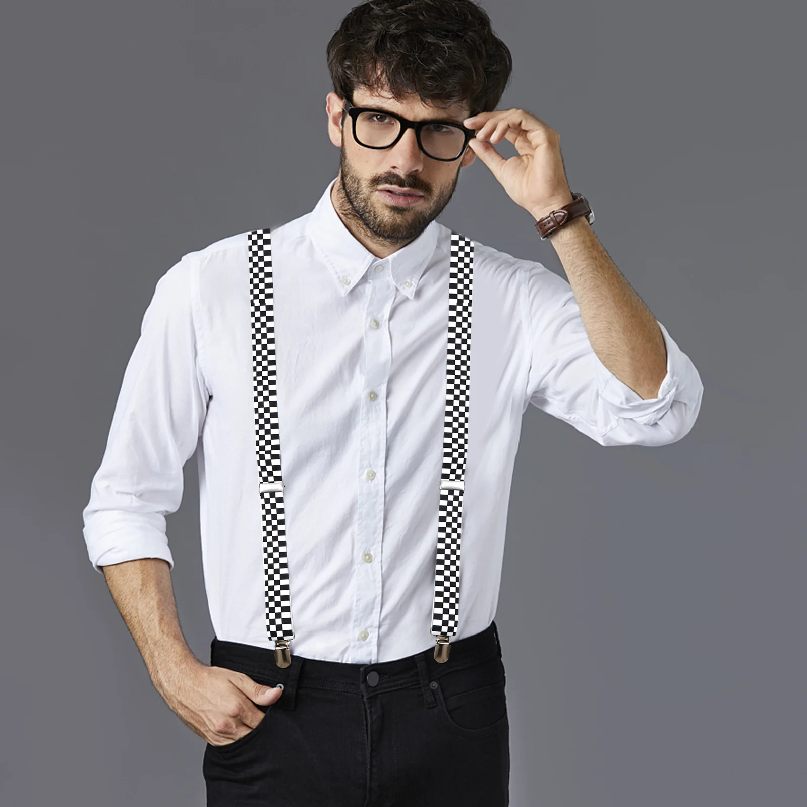 Checkered Clip-on Braces Elastic Y-back Suspender (Black+White) Checkered suspender Clip-on suspender