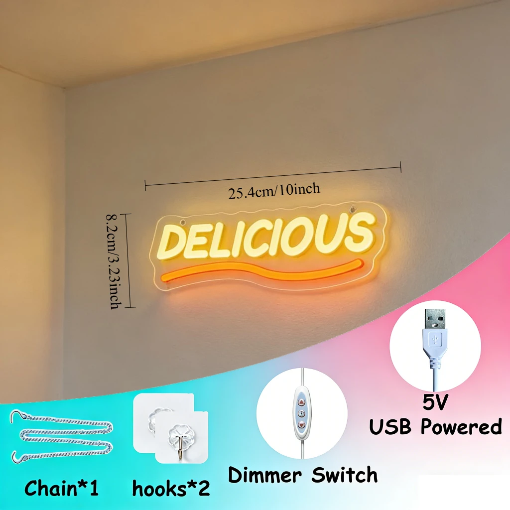 Delicious LED Neon Sign USB Dimmable Warm Glow Hanging Light for Cafe Cake Shop Restaurant Kitchen Dining Room Foodie Shop Decor