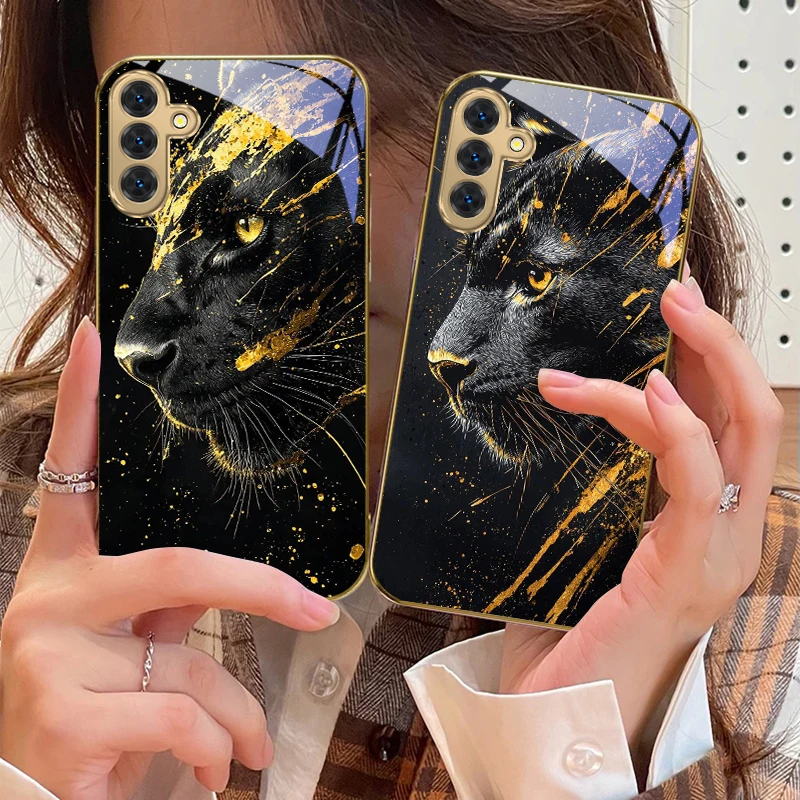 The calm black panther For Samsung Galaxy S20 FE S21 S22 S23 Plus S24 Ultra 25Ultra S21+ S9+ S22Plus Golden glass phone case