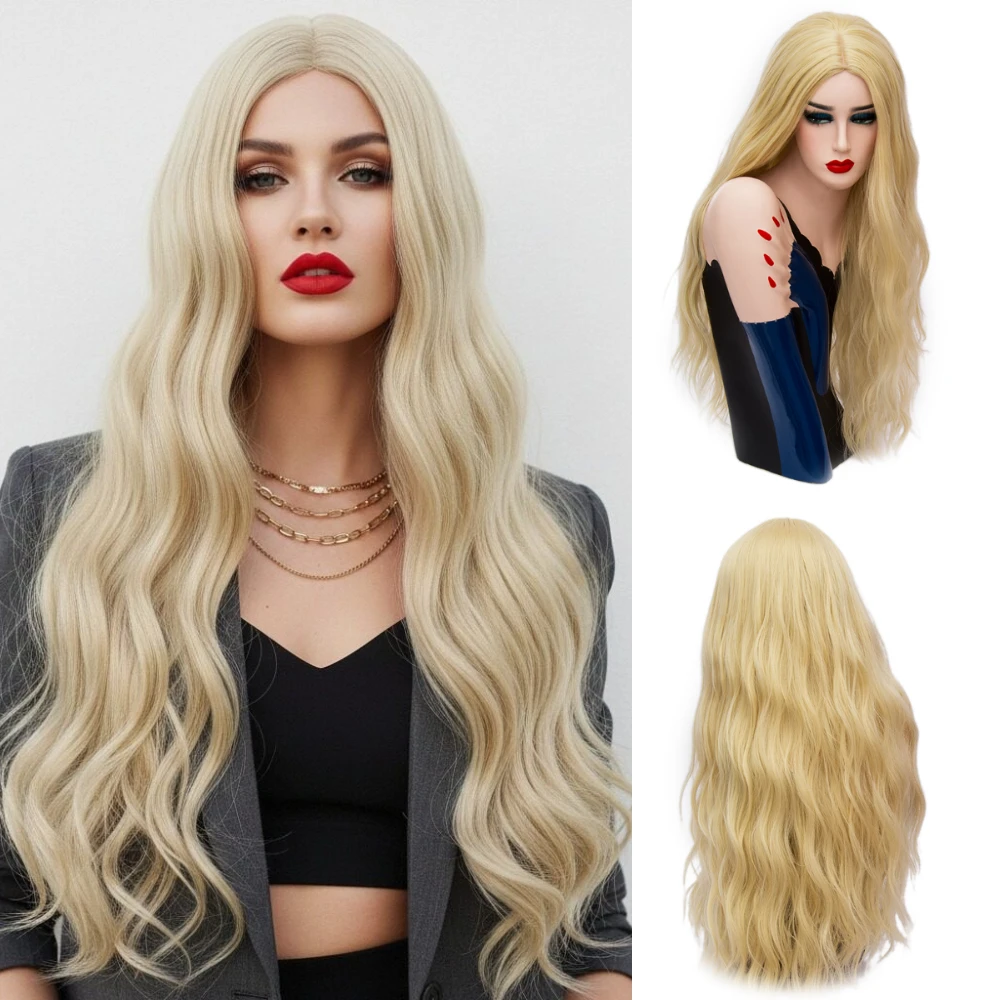 

Женский термостойкий длинный волнистый парик для косплея, блонд, с центральным пробором, синтетический, естественного вида, для Хэллоуина, повседневный, гламурный