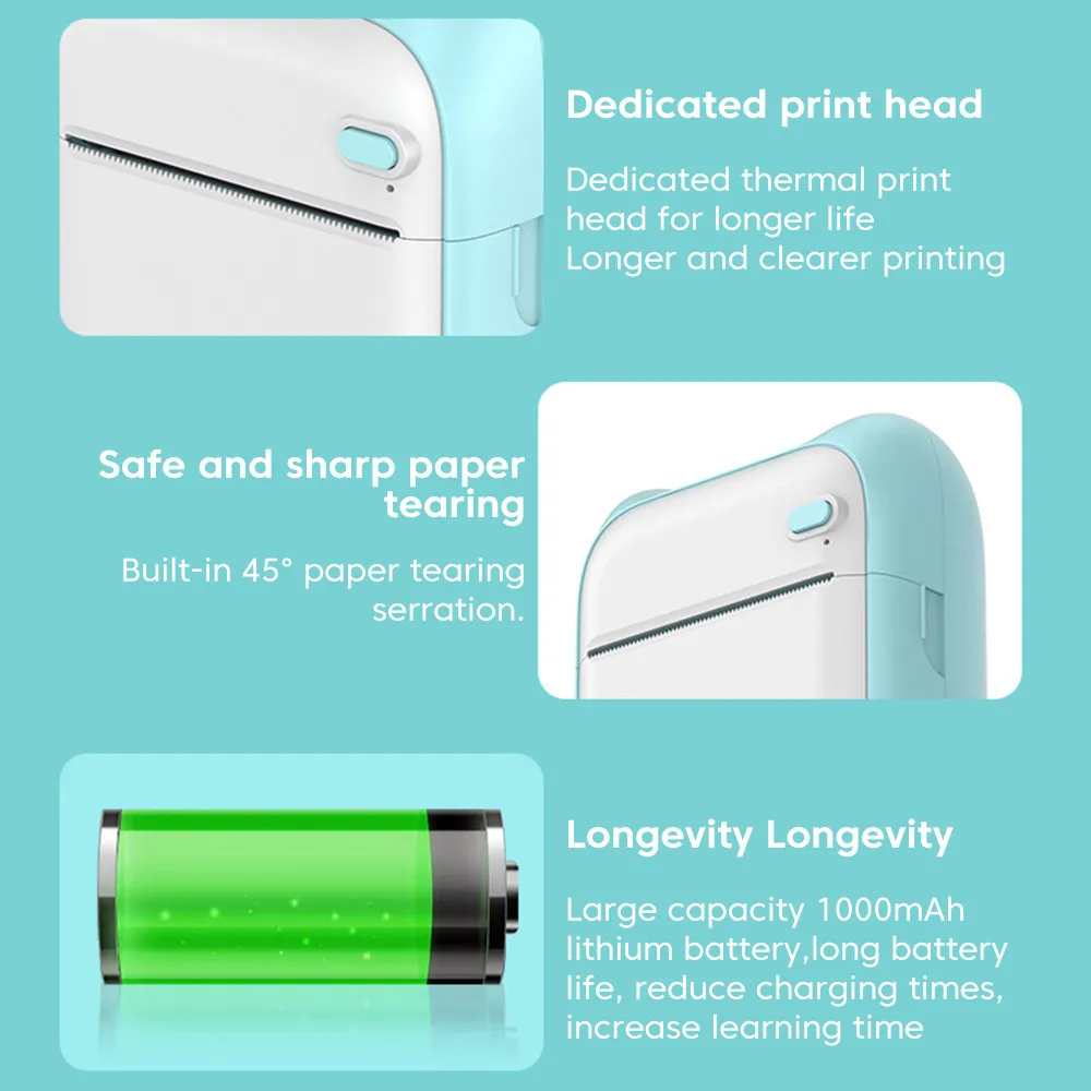 A31 휴대용 미니 감열식 프린터, 잉크 없는 블루투스 인쇄, 스티커 용지 57mm, 안드로이드 IOS 200DPI