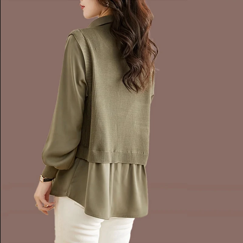 Dames Vest Gebreide Trui Voor Lente Herfst 2023 Nieuwe Mode Patchwork Turn Kraag Valse 2 Stuks Office Lady Shirt Tops