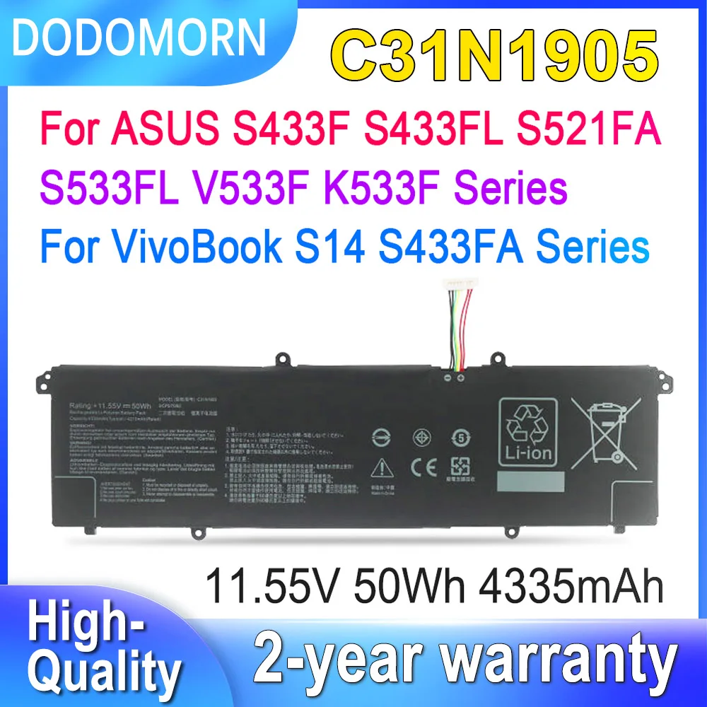 DODOMORN 11.55V 50Wh C31N1905 Laptop Battery For ASUS VivoBook S14 S433FA 14 S433F S433FL S521FA S533FL V533F K533F Series