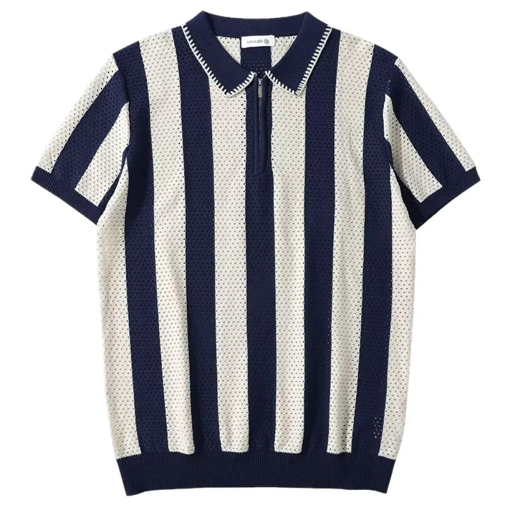 Summer Mens Polo Shirt Ice Silk Knitted Short Sleeve Business Lapel Zipper Breathable Soft Casual Fashion Tee Tops