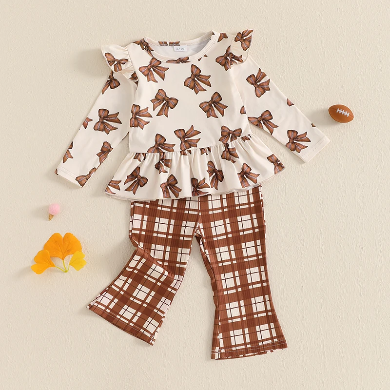 

1-5Years Kids Baby Girls Two-pieces Outfits Bow Print Long Sleeve Crew Neck T-shirt with Plaid Flare Pants Fall Spring Sets