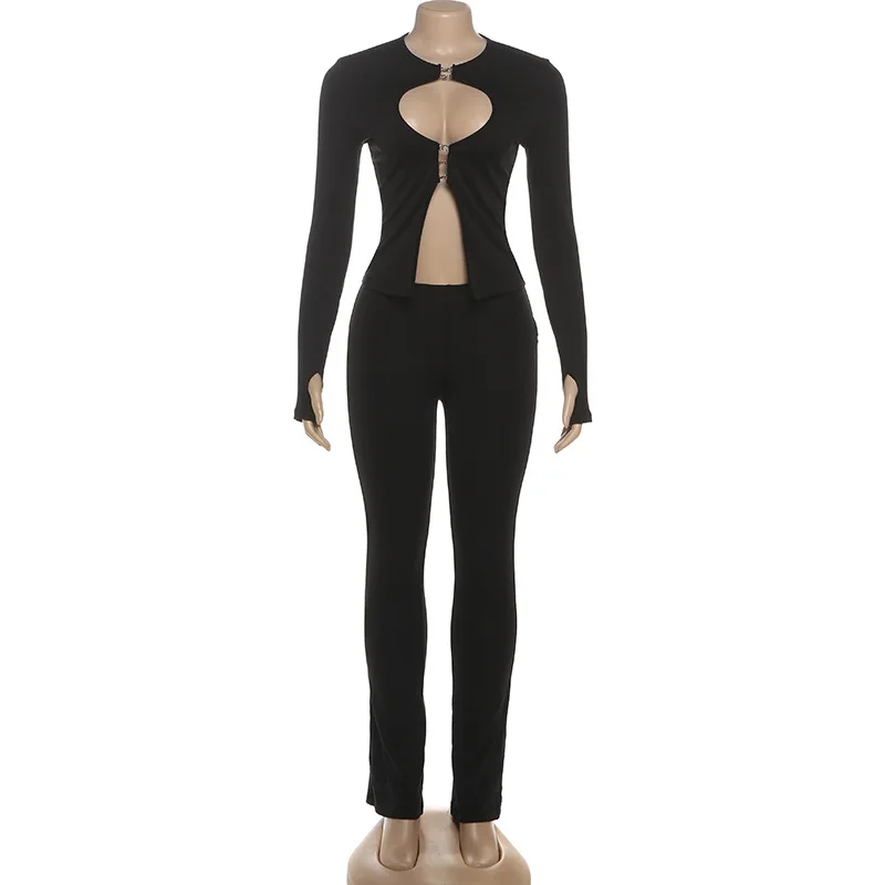 2025 autumn and winter new fashion hollow hook and loop zipper top sexy slim fit pants two-piece set women's clothing
