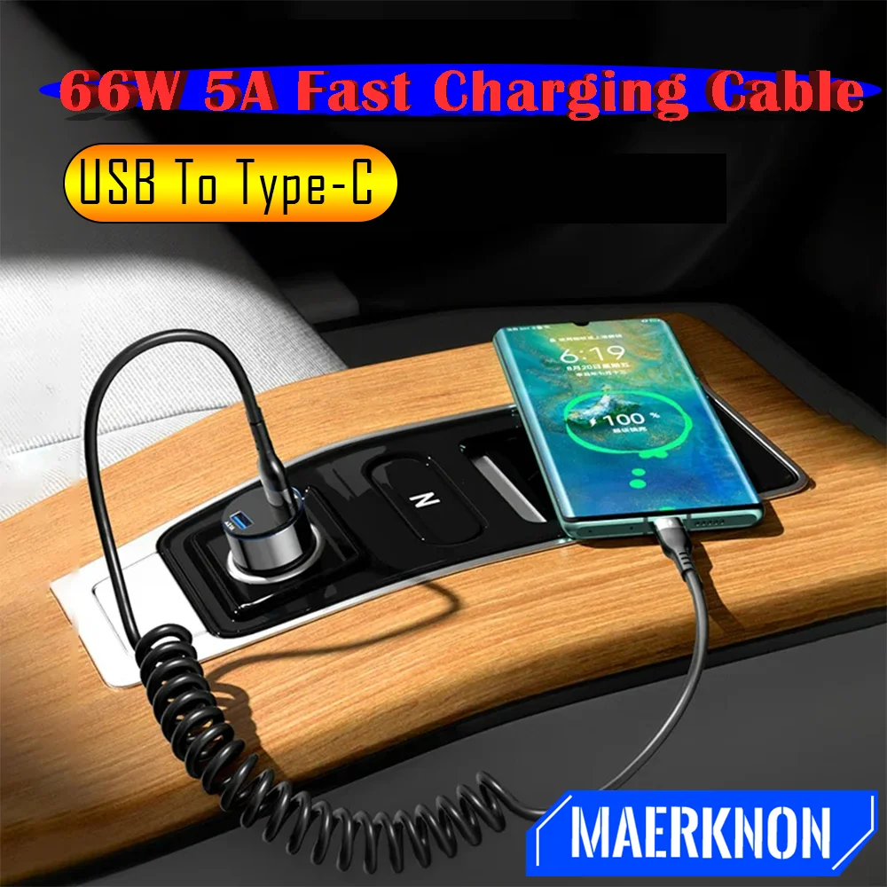 

66W 5A Fast Charging Data Cord Line Spring Stretch Charging Cable For Xiaomi Samsung Huawei USB To Type-C Smartphone Data Cable