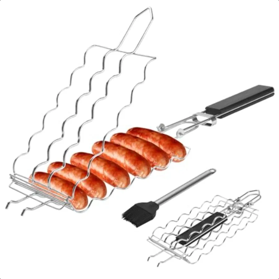 

Hot Dog Holders for grilling with Brush 6 hotdog bbq basket Stainl Steel Barbecue Mesh ClipRemovable HeatResistant Wooden Handl