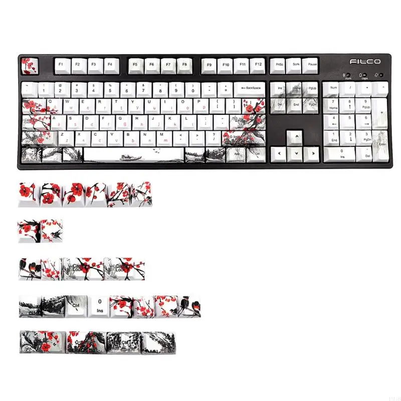 P9JB Mechanical Keyboard 128 Keys Cherry Profile DYE-Sub Botanical Plum Blossom Theme PBT Keycap