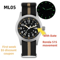 2025 Militado ML05 38mm Men's Watch Ronda 515 Quartz Movement Watch Dome Sapphire High Transparency AR Coated Night Light Watch