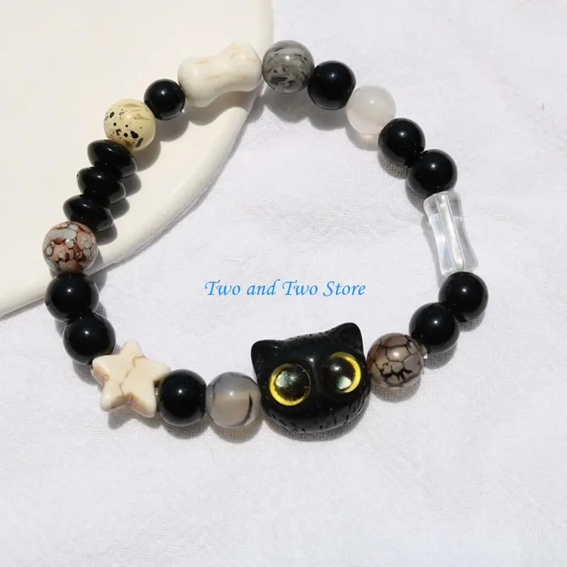 HX6F Elastic Cord Bangle with Lucky Charm, Adjustable Wrist Chain Student Bracelet Versatile Cartoon Gift for Best Friend