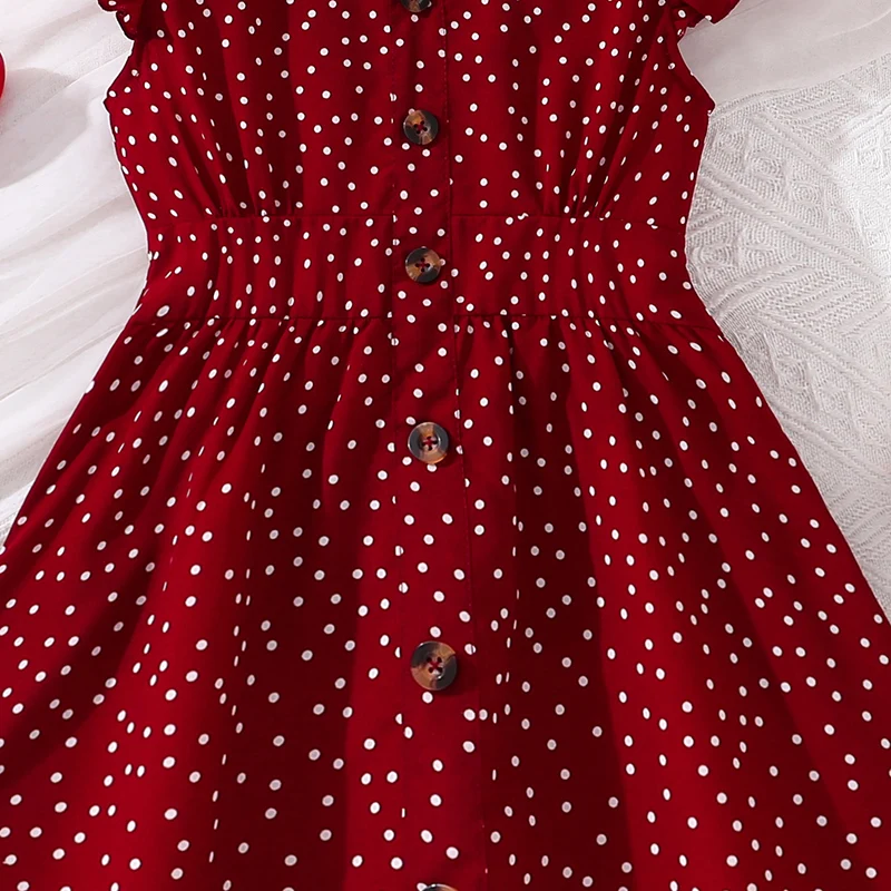 Kids Summer Girl 8-12 Years Old Red Sleeveless Flying Sleeve Polka Dot V-neck Waist Dress Simple Temperament Fashion Daily Style