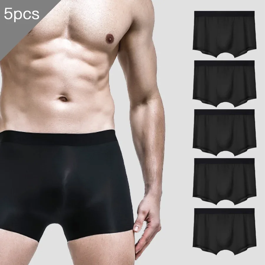 

5PC SMen's underwear with ice silk four-cornered flat cuffs, summer thin, breathable and seamless shorts, men's individualistic