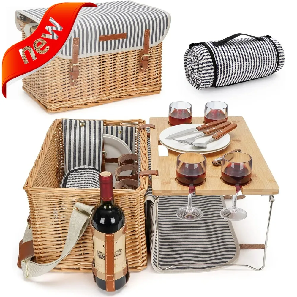 

Portable Willow Picnic Basket Set for 4 with Blanket and Bamboo Wine Table