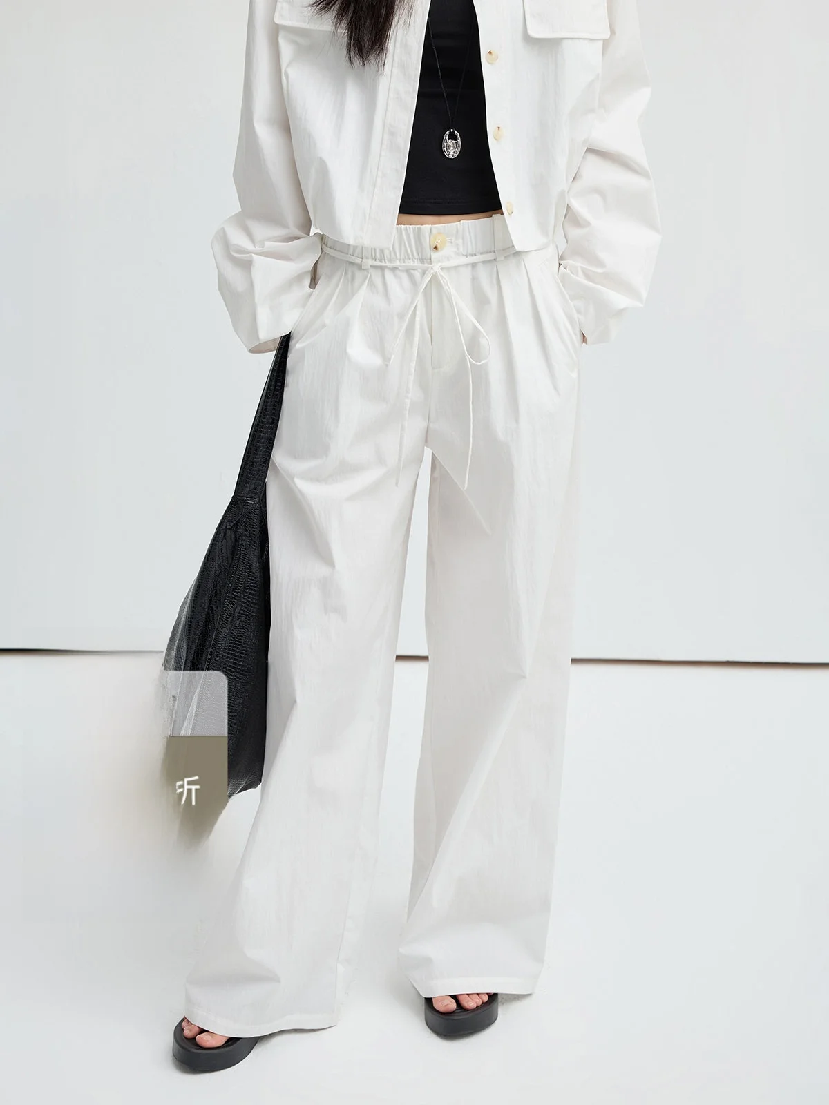 

JUSLIN Casual Trousers Floor-Length Tie Waist Dstring Pleated Wide Leg Cotton Blend Slant Texture Elastic Waist