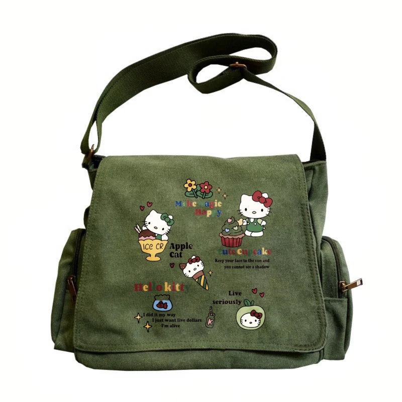 

Sanlio New Hello Kitty Print Canvas Bag Large Capacity Women's Shoulder Bag Retro Kitty Theme Crossbody Messenger Bag Shopping