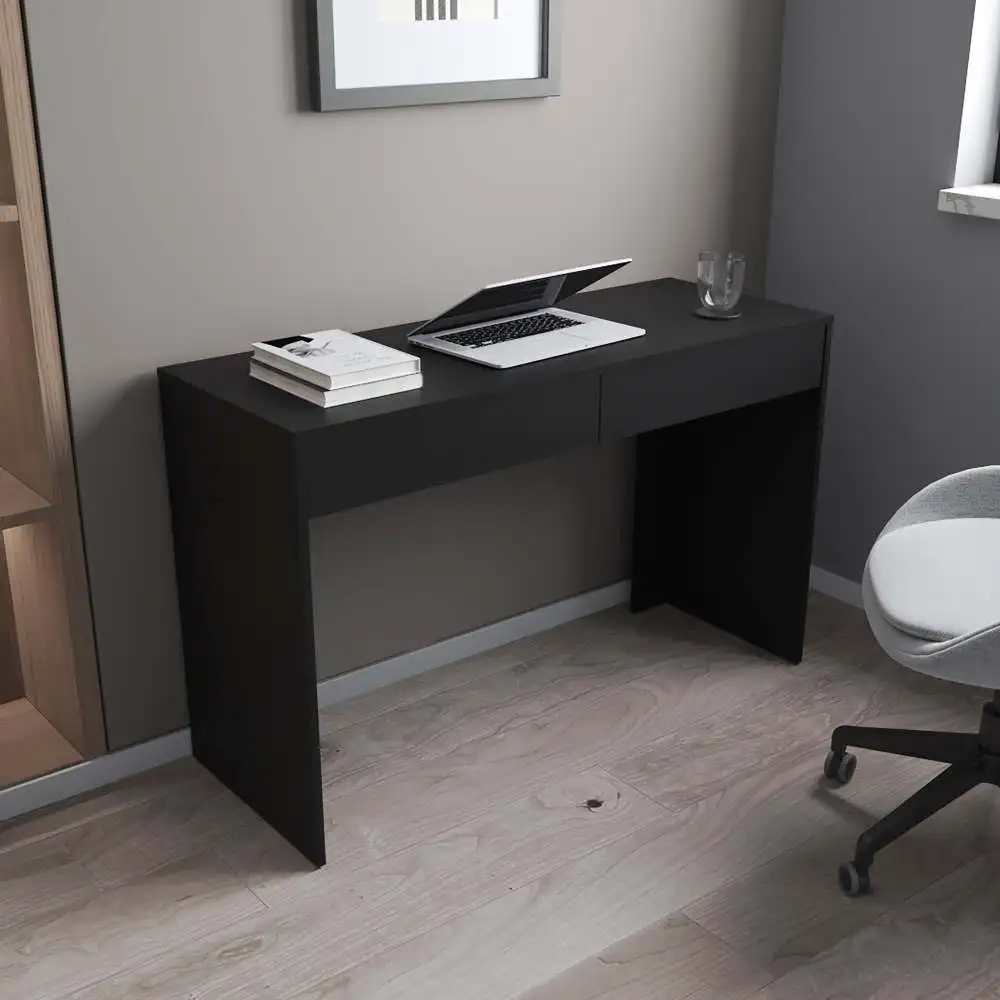 Escritorio para computadora con 2 cajones en color wengue negro, muebles modernos para oficina en casa, mesa de estudio y escritura, diseño que ahorra espacio