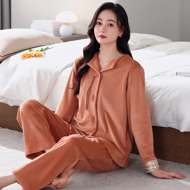 

Big Size M-3XL Winter Women Pajama Set Warm Flannel Sleepwear Female Turn-down Collar Long Sleeve Nightwear